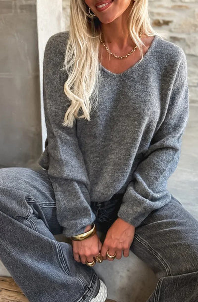 Kirsty Long Sleeves 'V' Neck Light Knitted Jumper Sweater-Grey