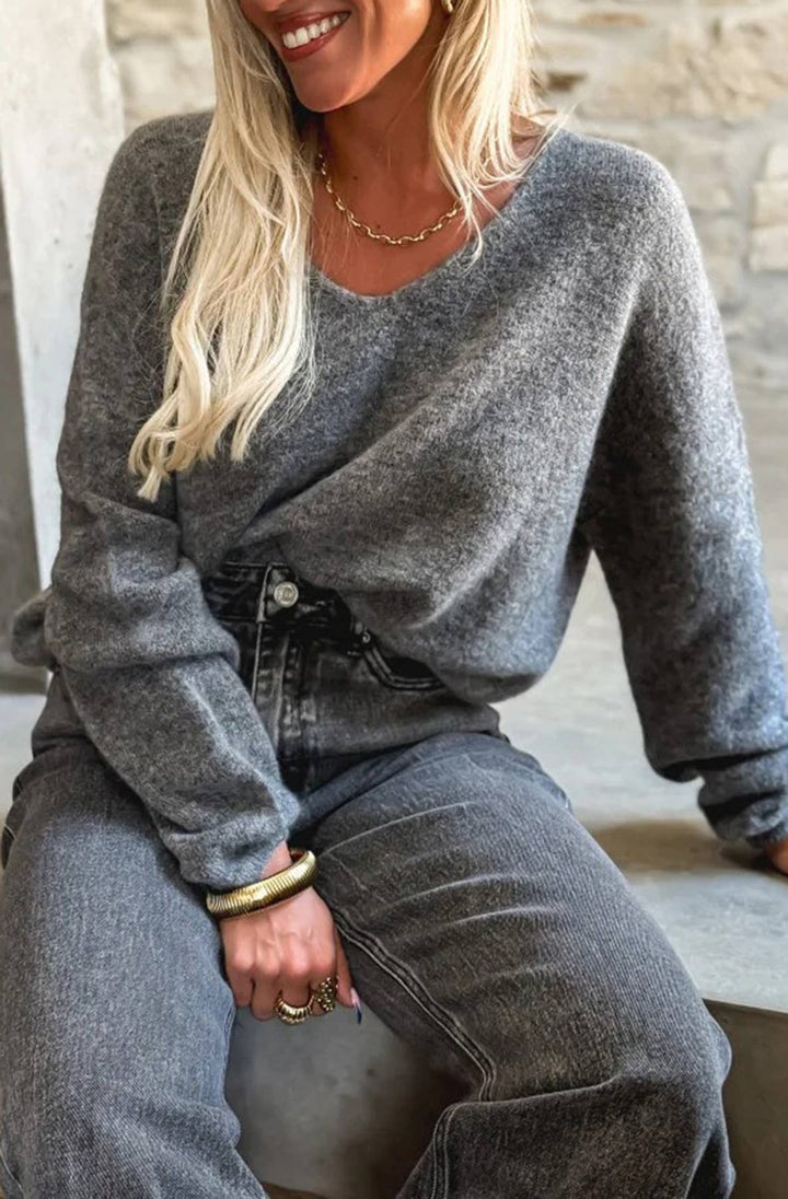 Kirsty ‘V’ Neck Light Knitted Alpaca Jumper Sweater - Grey