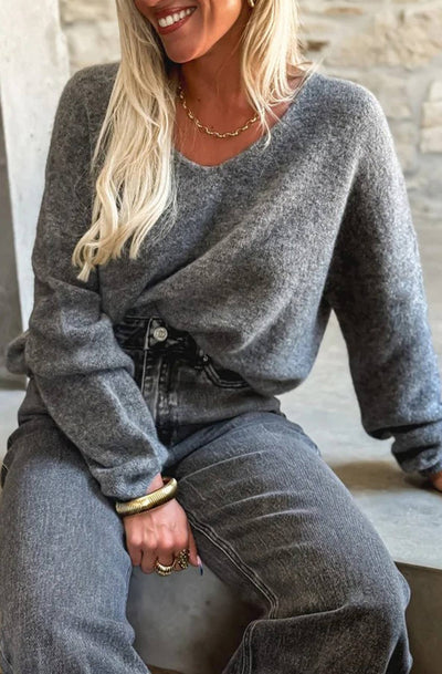 Kirsty Long Sleeves 'V' Neck Light Knitted Jumper Sweater-Grey