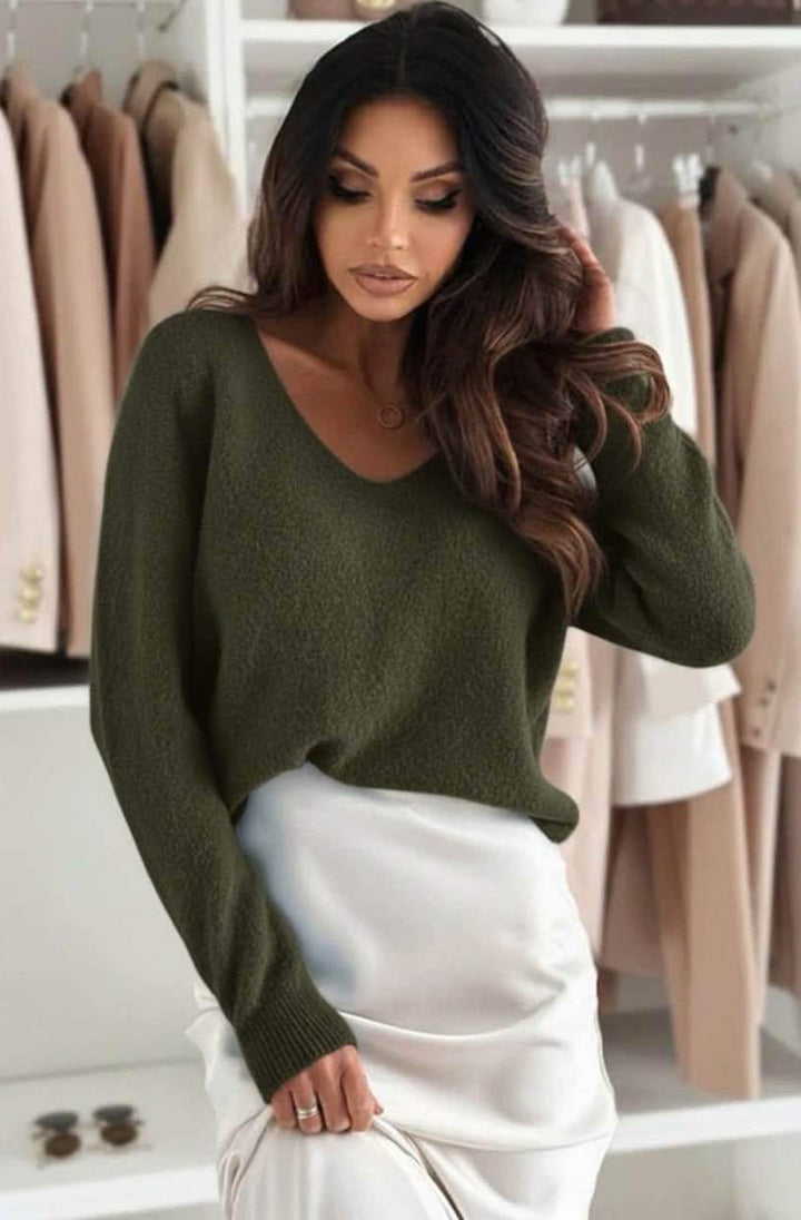 Kirsty ‘V’ Neck Light Knitted Alpaca Jumper Sweater - Khaki