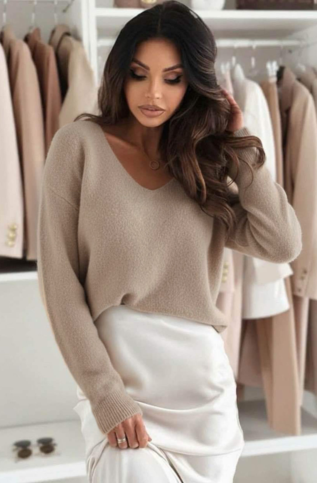 Kirsty ‘V’ Neck Light Knitted Alpaca Jumper Sweater - Stone
