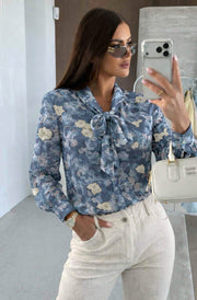 Klara Floral Tie-Neck Sheer Blouse Top-Blue