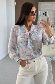 Klara Floral Tie-Neck Sheer Blouse Top-Pink