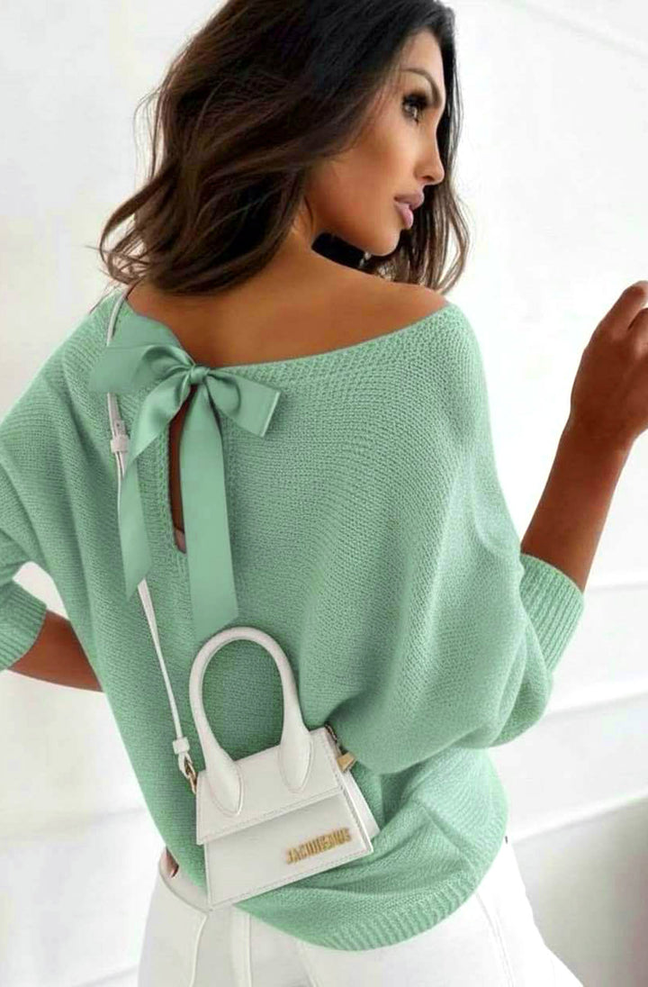 Kori Open Back Bow Light Knitted Sweater Jumper-Mint