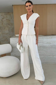 Kym Pocket Detail Wide Leg Trousers-Ivory