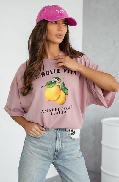 'La Dolce Vita-Amalfi Coast Italia' Graphic Lemon T. Shirt Top-Dusty Pink