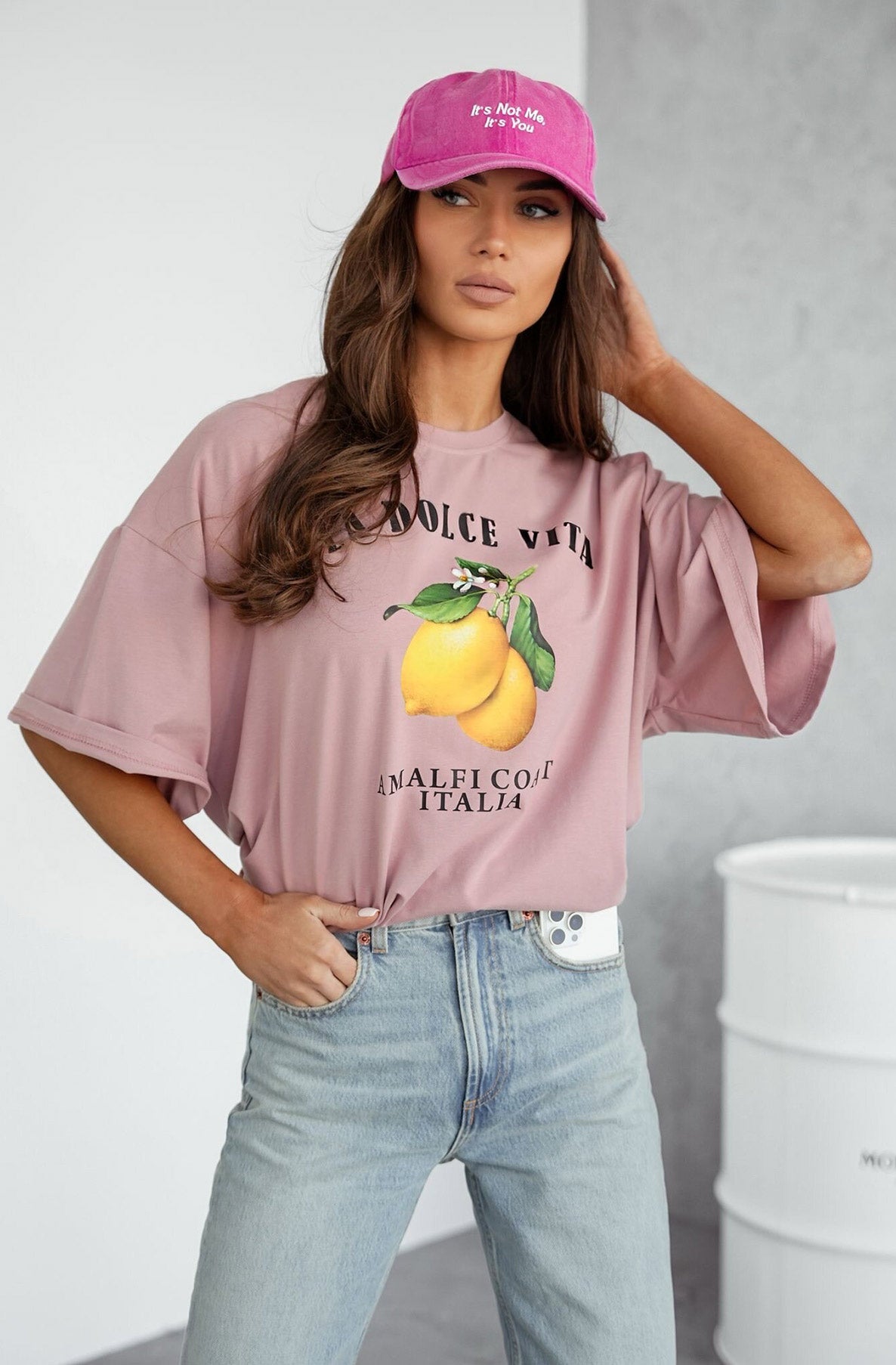 'La Dolce Vita-Amalfi Coast Italia' Graphic Lemon T. Shirt Top-Dusty Pink