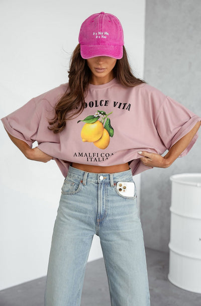 'La Dolce Vita-Amalfi Coast Italia' Graphic Lemon T. Shirt Top-Dusty Pink