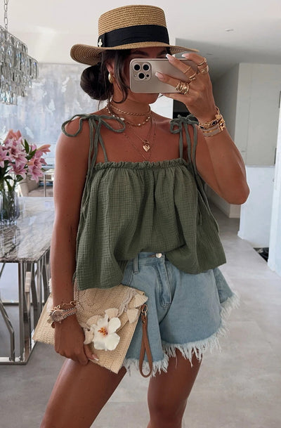 Lacie Cropped Cotton Gauze Style Tie-Up Top-Khaki