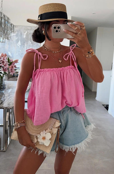 Lacie Cropped Cotton Gauze Style Tie-Up Top-Pink