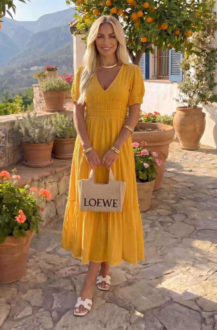 Lara Cotton Gauze Style V Neck Ruched Panel Tiered Maxi Dress