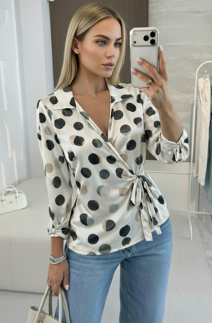 Larissa Satin Abstract Polka Dot Wrap Tie Waist Blouse Top - Black