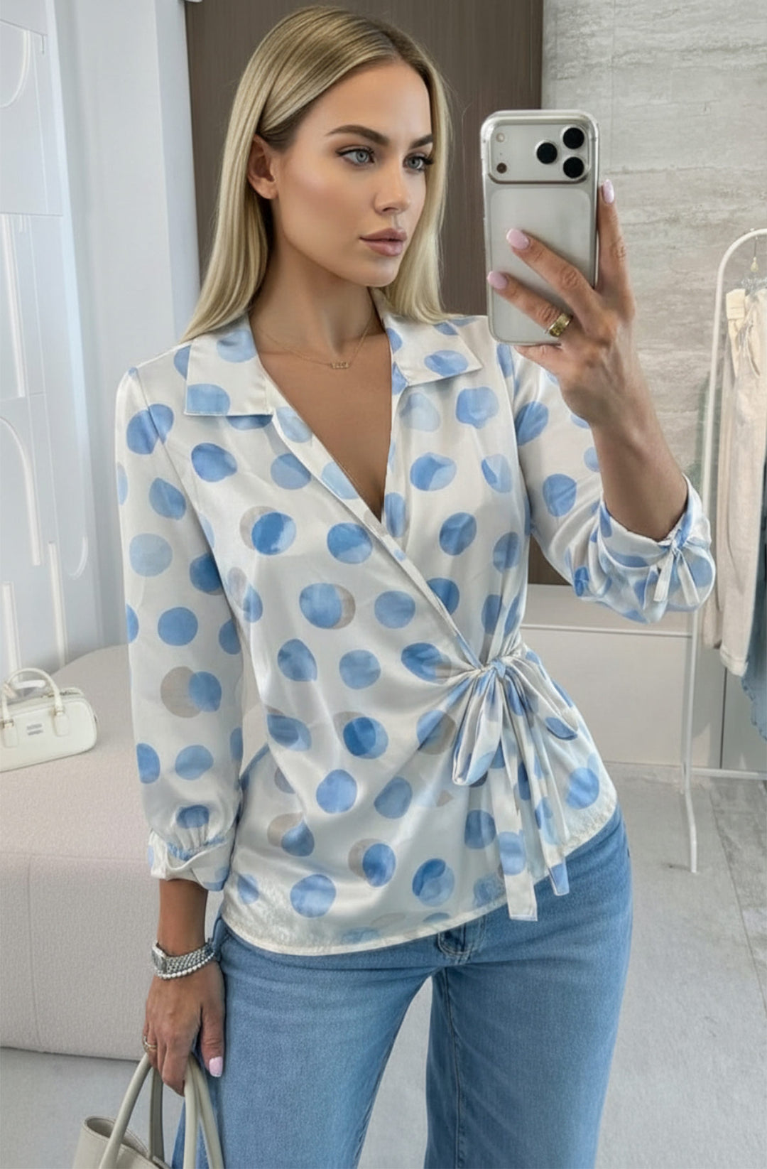 Larissa Satin Abstract Polka Dot Wrap Tie Waist Blouse Top - Blue