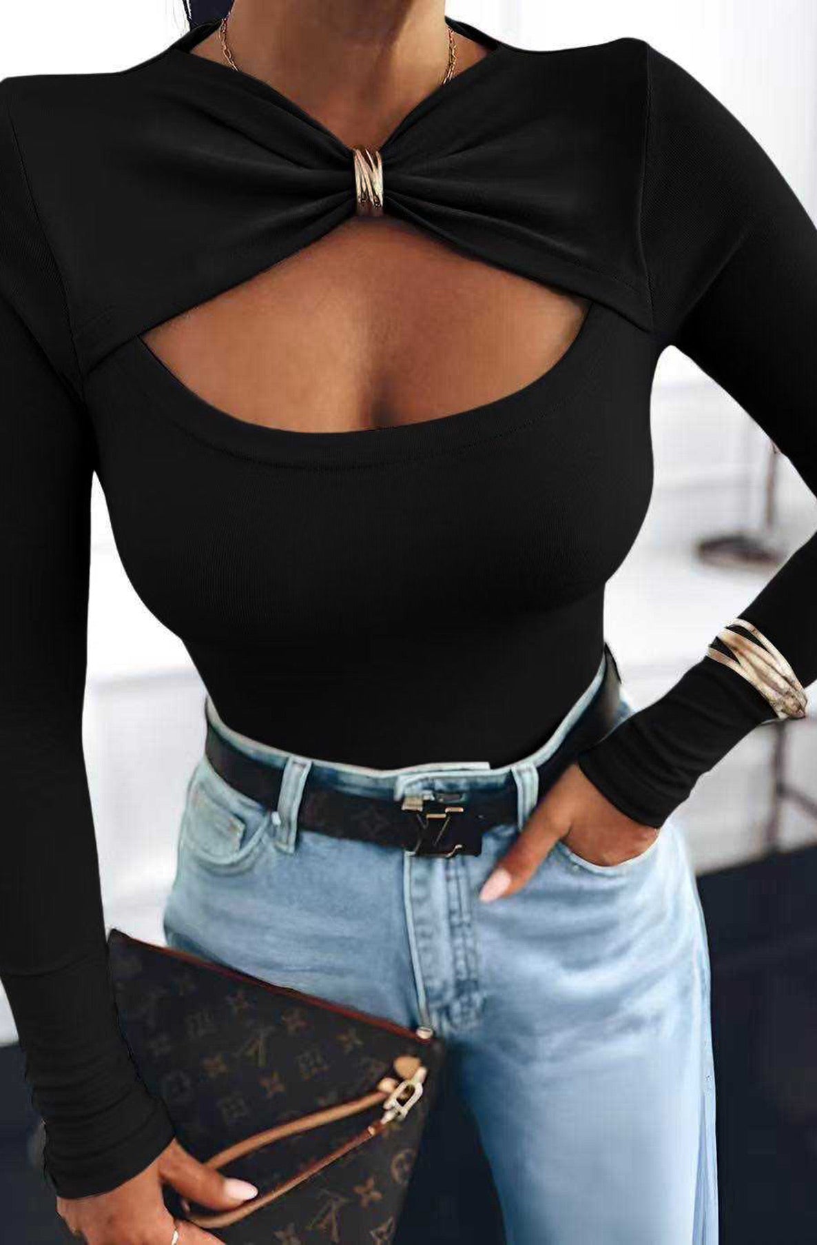 Latisha Gold Clasp Ruched Top-Black