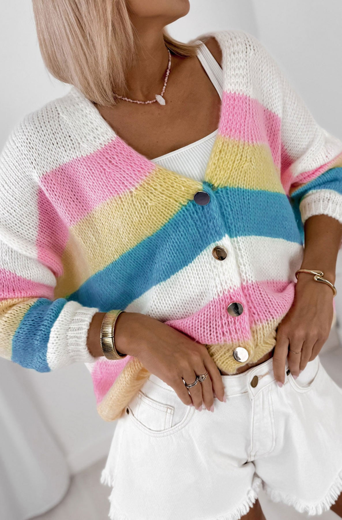 Leona Colour Block Striped Button Cardigan-Ivory