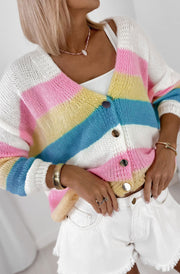 Leona Colour Block Striped Button Cardigan-Ivory