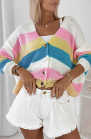 Leona Colour Block Striped Button Cardigan-Ivory