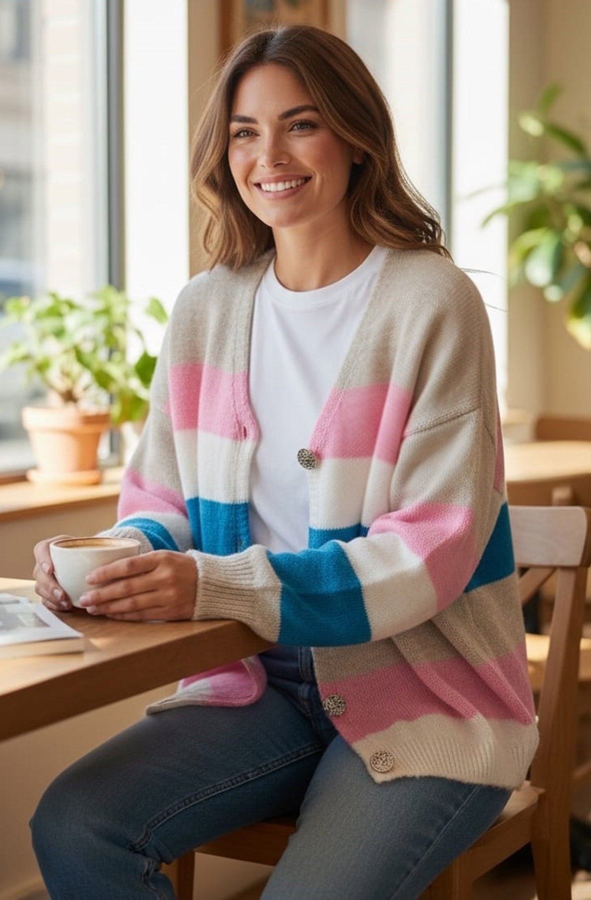 Leona Colour Block Striped Button Cardigan-Stone