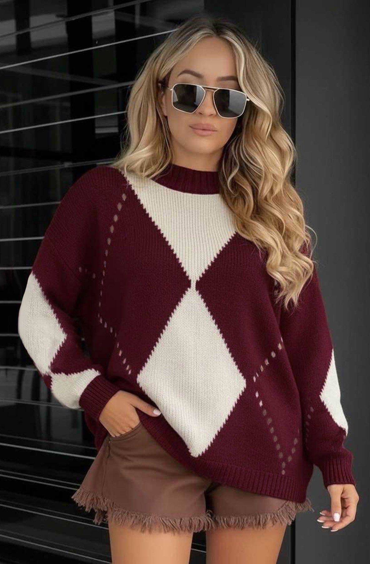 Lila Geometric Pattern Knitted Sweater Jumper Top-Wine
