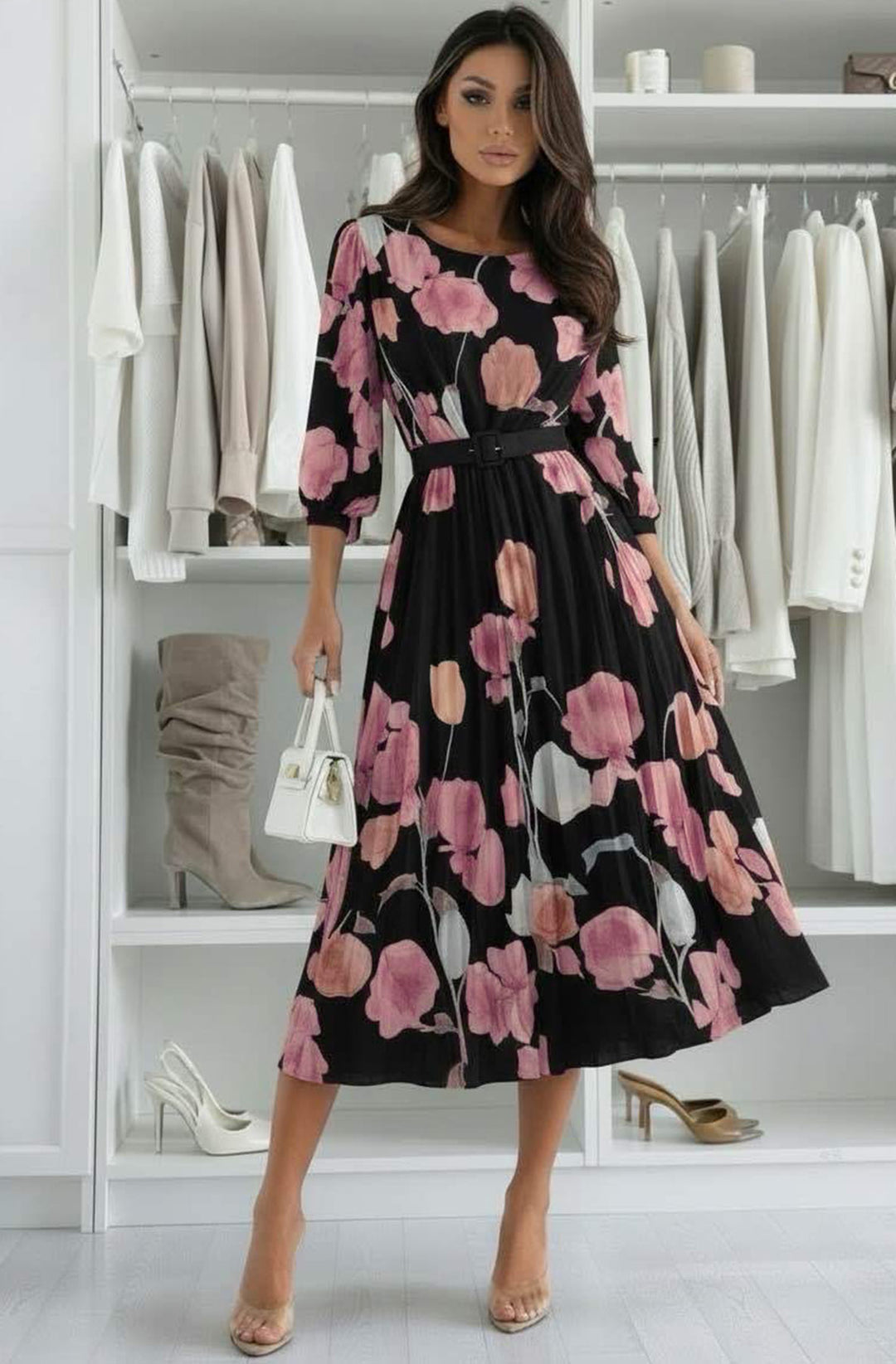 chinese dress ladies Lilian Floral Pleated Belted Chiffon Maxi Dress – Catwalk Wholesale
