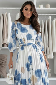 Lilian Floral Pleated Belted Chiffon Maxi Dress-Blue