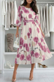 Lilian Floral Pleated Belted Chiffon Maxi Dress-Mauve