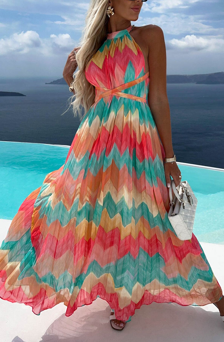 Lorena Halter Open Back Chiffon Maxi Dress Multi Cat