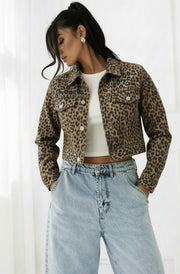 Luisa Leopard Print Cropped Denim Jacket-Brown