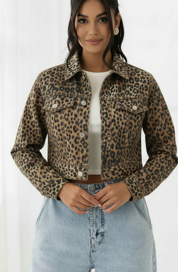 Luisa Leopard Print Cropped Denim Jacket-Brown