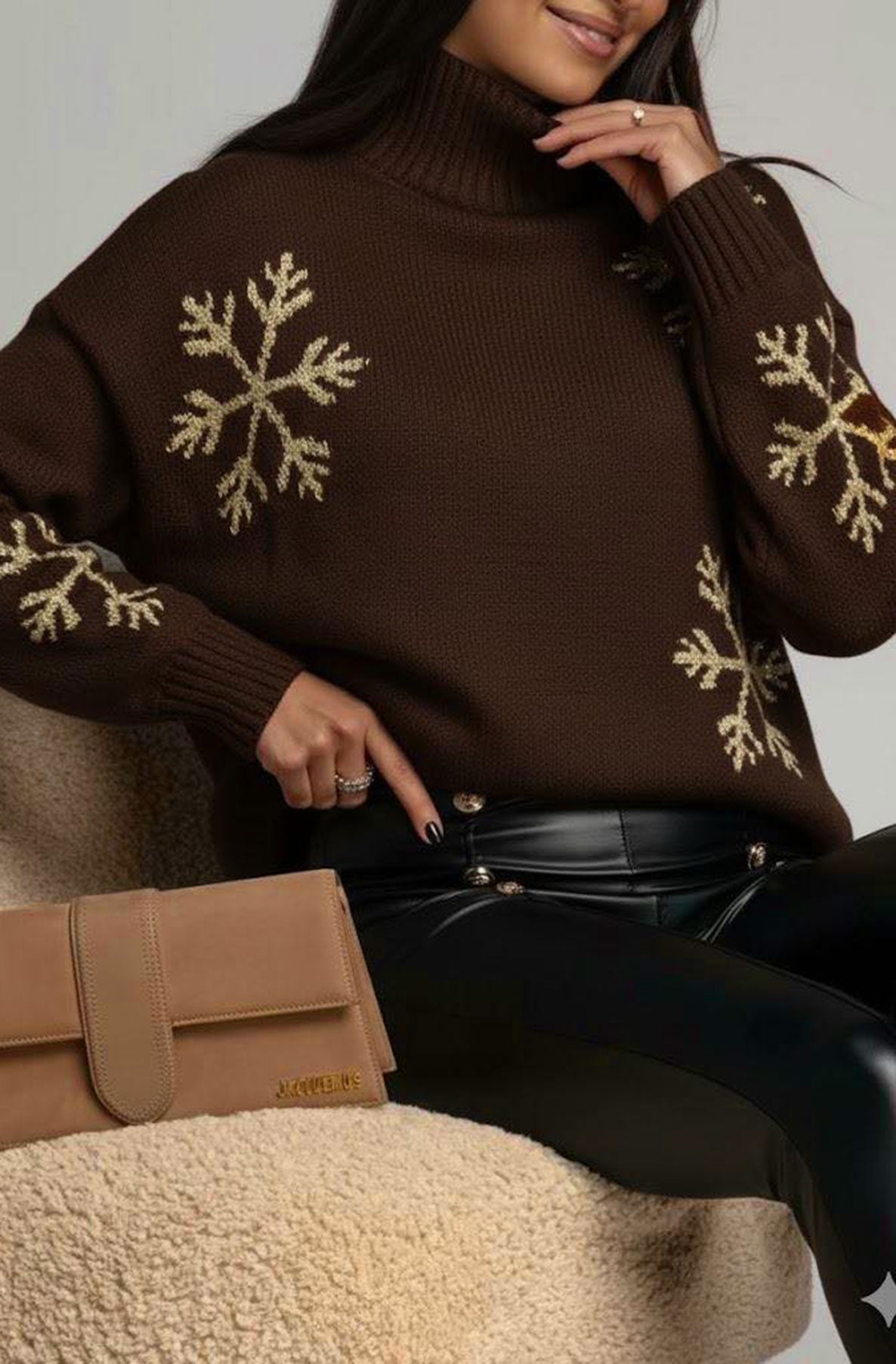 Lumina Christmas ‘Snowflake Shimmer’ Jumper Top-Chocolate