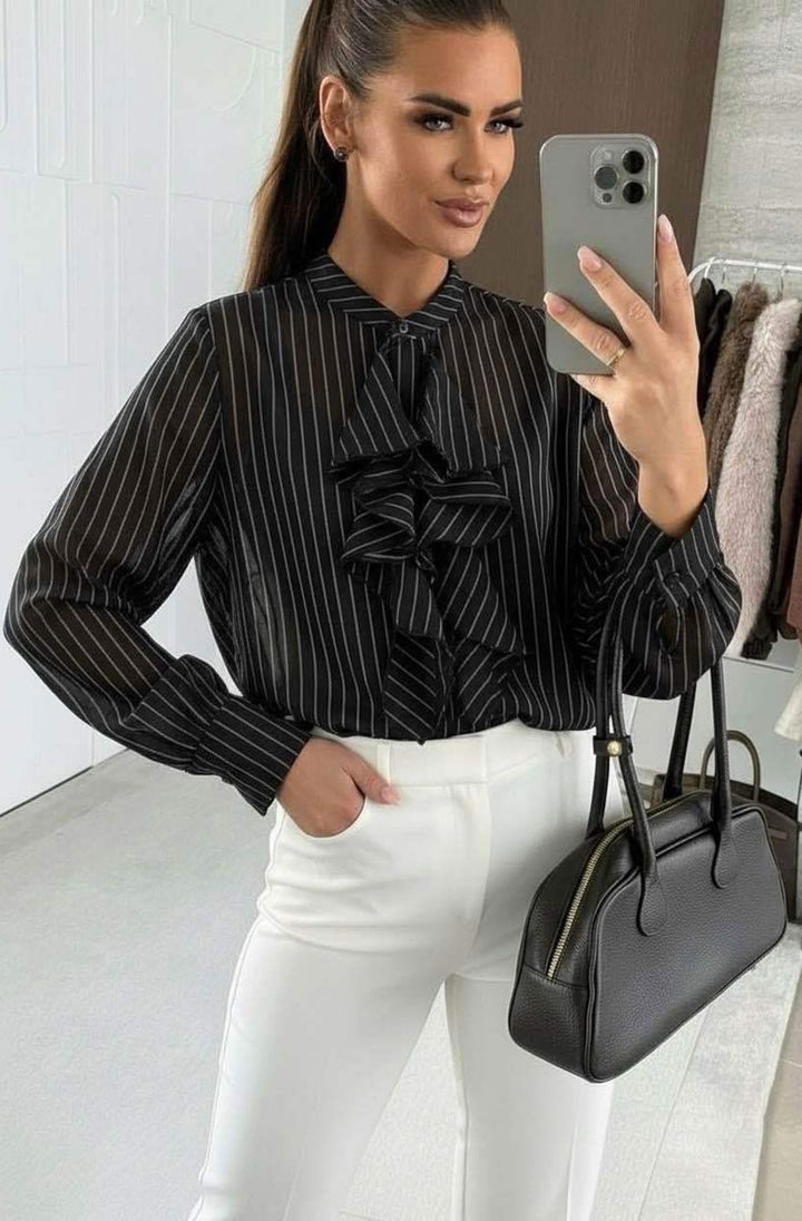 Luna Frill Front Stripe Shirt Top - Black
