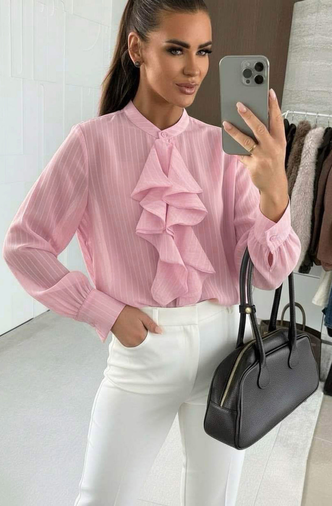 Luna Frill Front Stripe Shirt Top - Pink