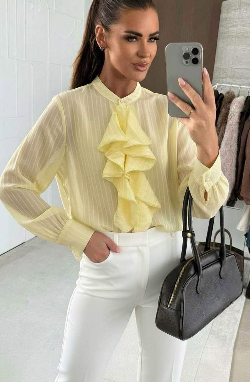 Luna Frill Front Stripe Shirt Top - Yellow