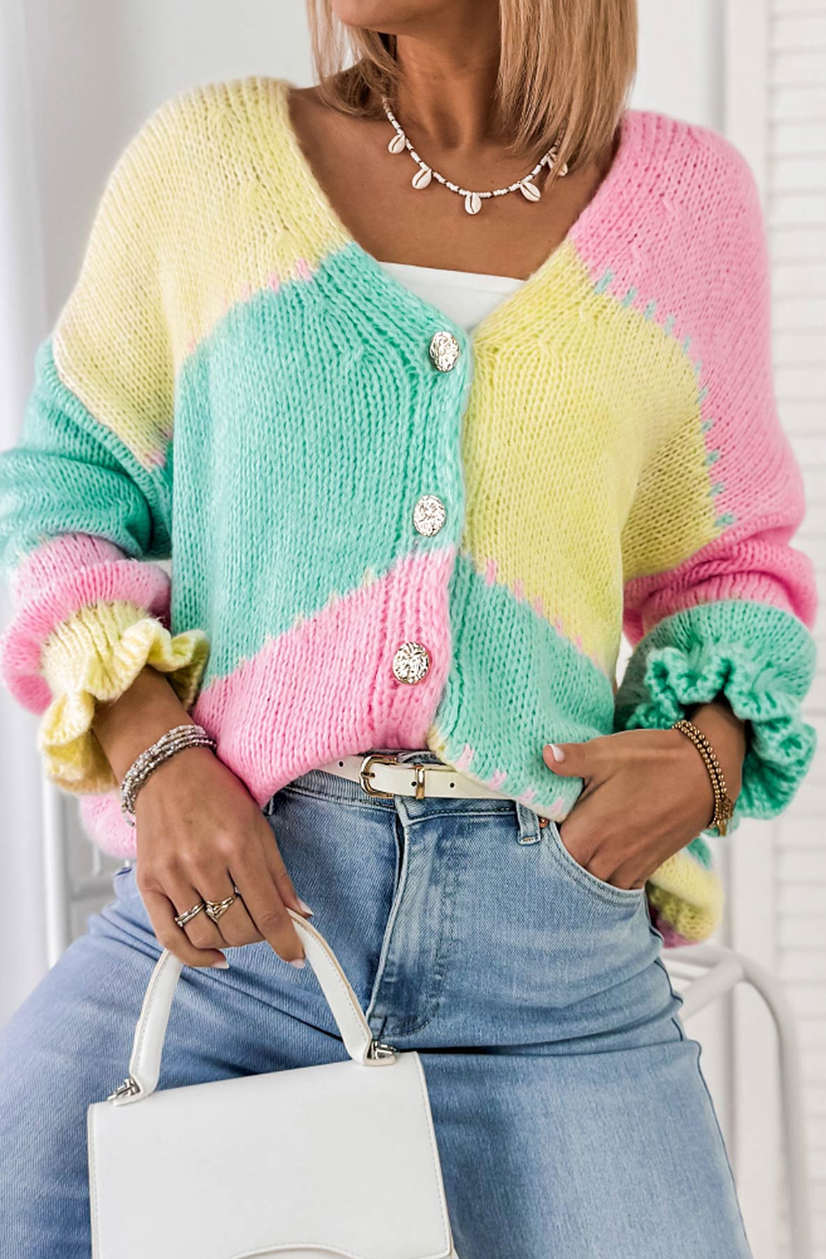 Lydia Colour Block Knitted Cardigan-Pink