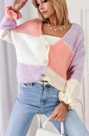 Lydia Colour Block Knitted Cardigan-Purple