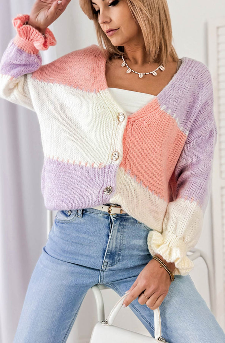 Lydia Colour Block Knitted Cardigan-Purple