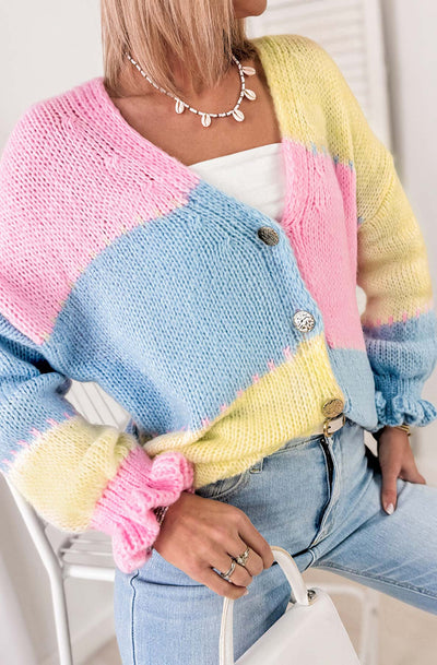 Lydia Colour Block Knitted Cardigan-Yellow