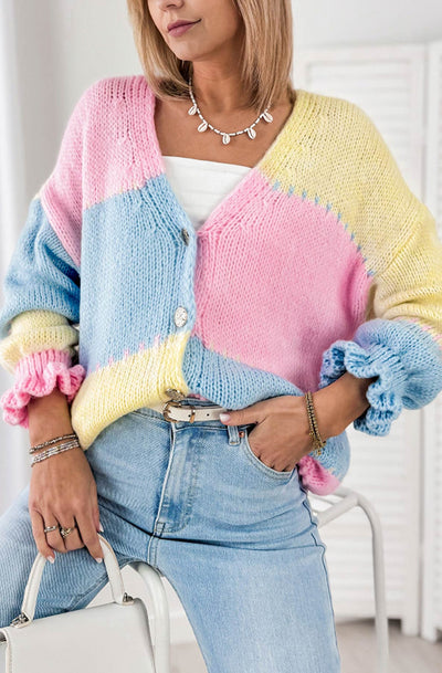 Lydia Colour Block Knitted Cardigan-Yellow