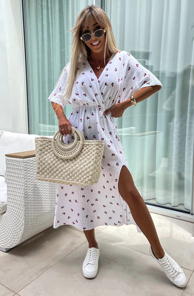 Lynn 'Cherry' Front Wrap Side Slit Cotton Gauze Style Midaxi Dress-Ivory