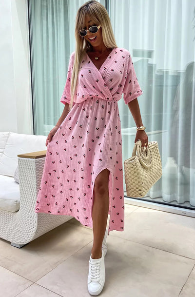 Lynn 'Cherry' Front Wrap Side Slit Cotton Gauze Style Midaxi Dress-Pink