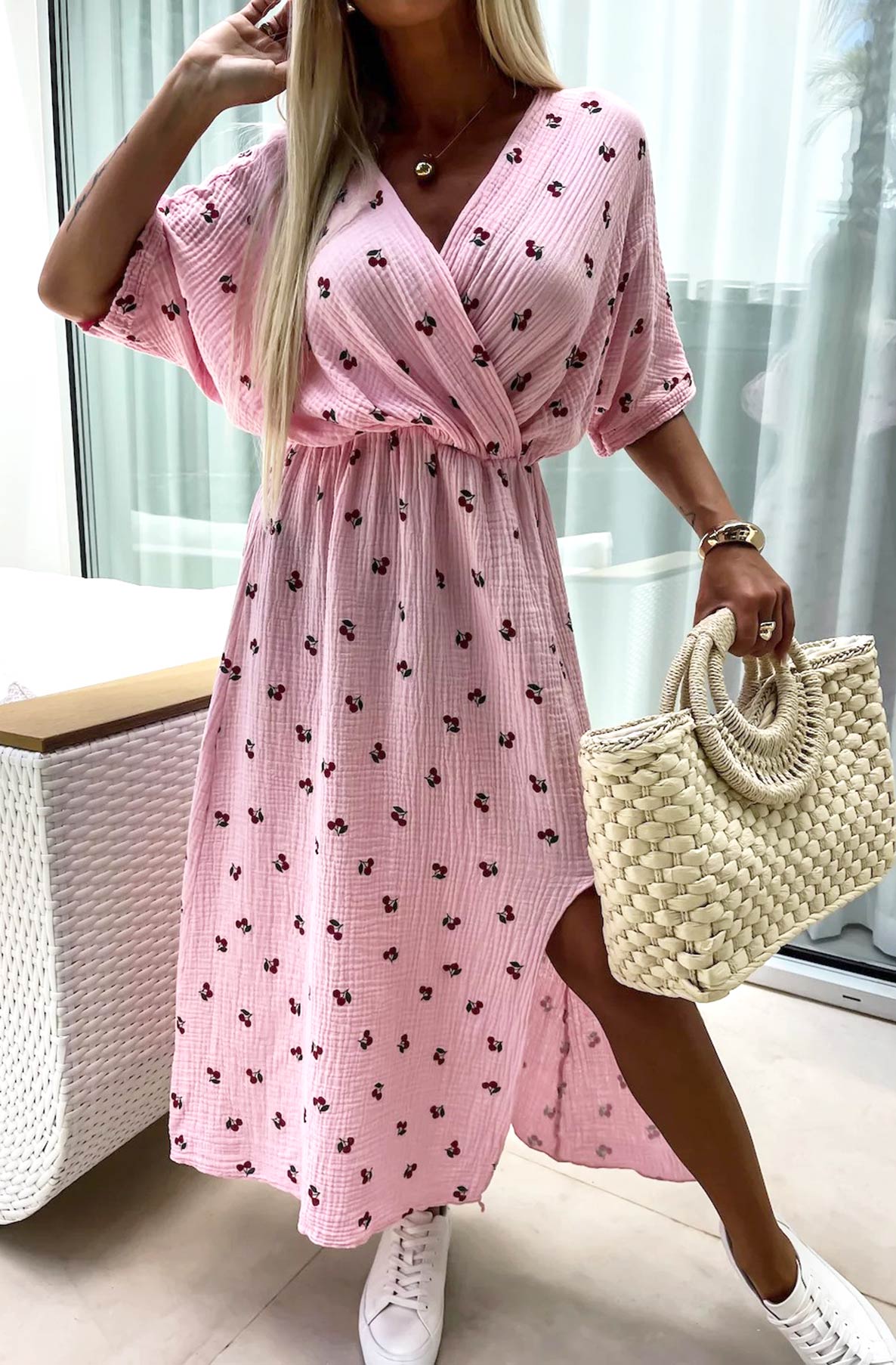 Lynn 'Cherry' Front Wrap Side Slit Cotton Gauze Style Midaxi Dress-Pink