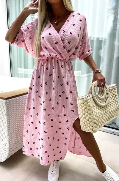 Lynn 'Cherry' Front Wrap Side Slit Cotton Gauze Style Midaxi Dress-Pink