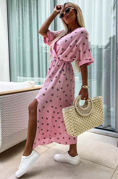 Lynn 'Cherry' Front Wrap Side Slit Cotton Gauze Style Midaxi Dress-Pink