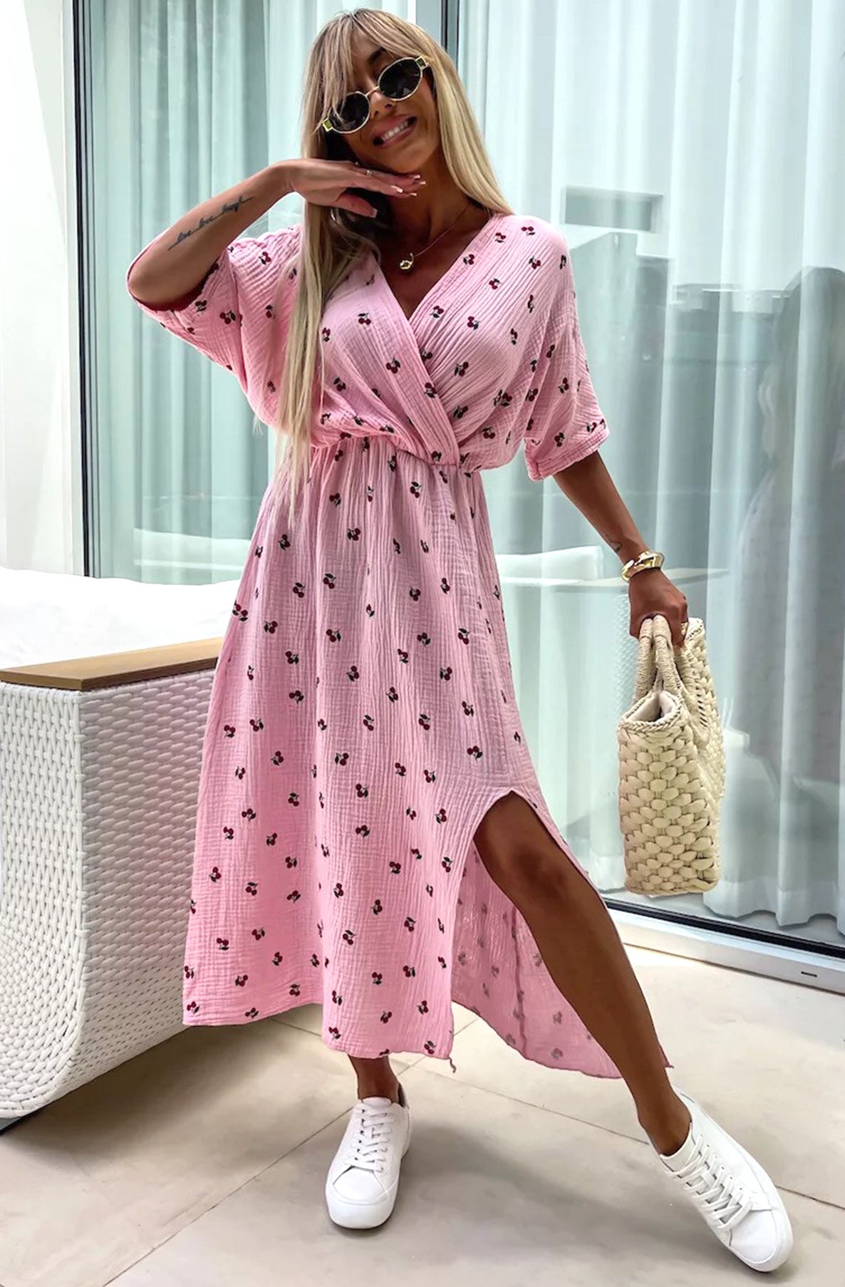 Lynn 'Cherry' Front Wrap Side Slit Cotton Gauze Style Midaxi Dress-Pink