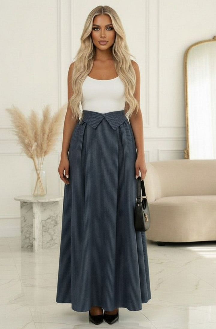 Lynne Collar Waist Striped Maxi Skirt-Navy