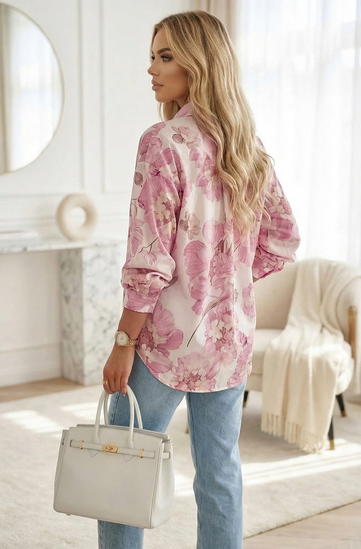 Macey Satin Oversized Floral Batwing Sleeve  Shirt Top-Pink