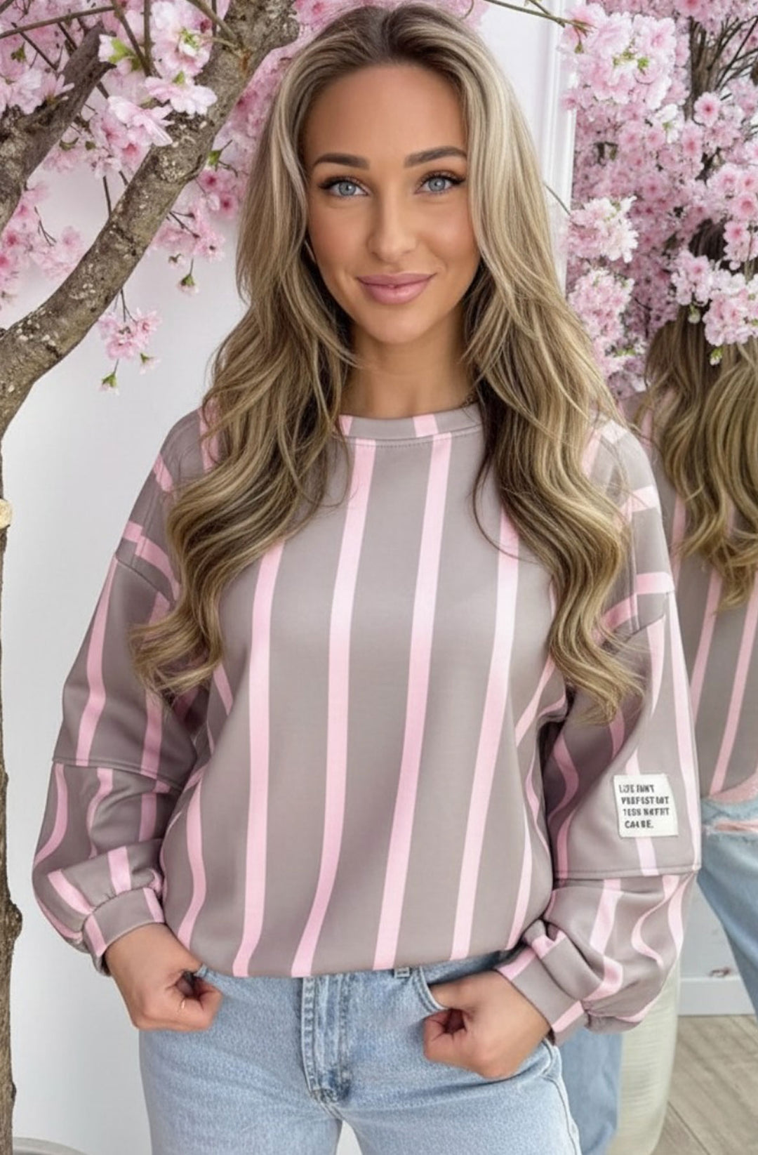 Maisie Oversized Stripe Balloon Sleeve Sweatshirt Top - Grey