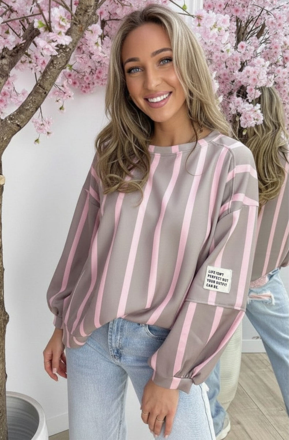 Maisie Oversized Stripe Balloon Sleeve Sweatshirt Top - Grey