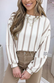 Maisie Oversized Stripe Balloon Sleeve Sweatshirt Top-Ivory