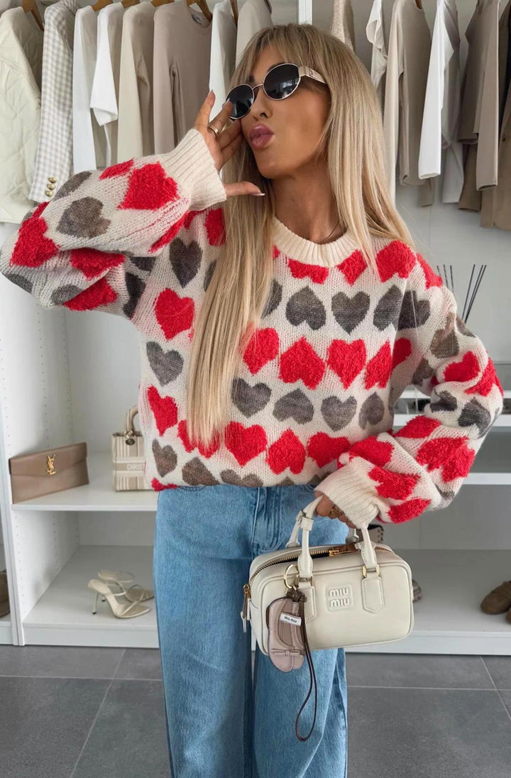 Mandie Contrast Heart Patterned Knitted Jumper-Red – C